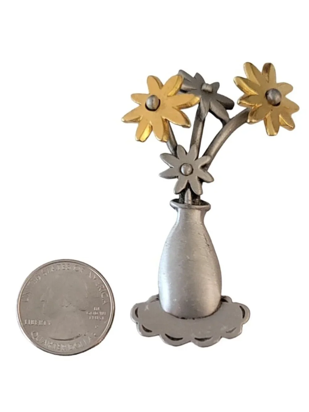 JJ Jonette Gold And Silver Tone Flower, Vase Brooch, Signed M604